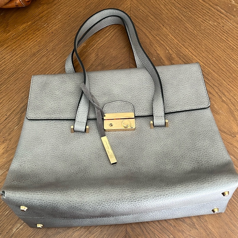 Italian pebble leather structured satchel shoulder bag gray w/ gold clasp EUC